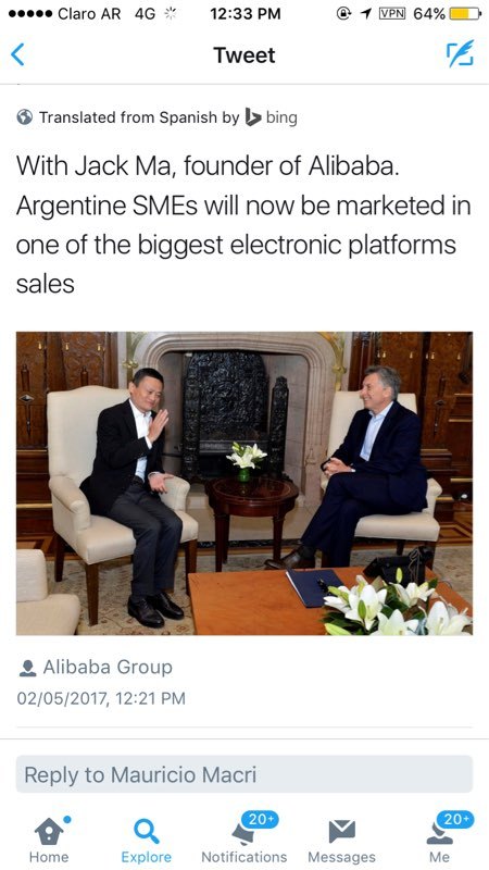 阿根廷總統Mauricio Macri在社交媒體Twitter上表示，阿根廷中小企業現在可以在全球最大的電子商務平台上開始貿易。